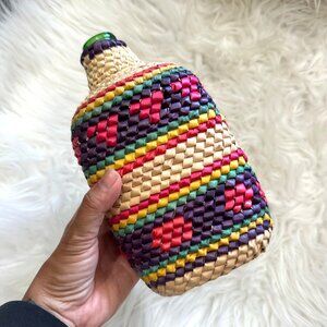 Artisan Crochet Pam Straw Wrapped Bottle Vase Home Decor Boho Southwestern